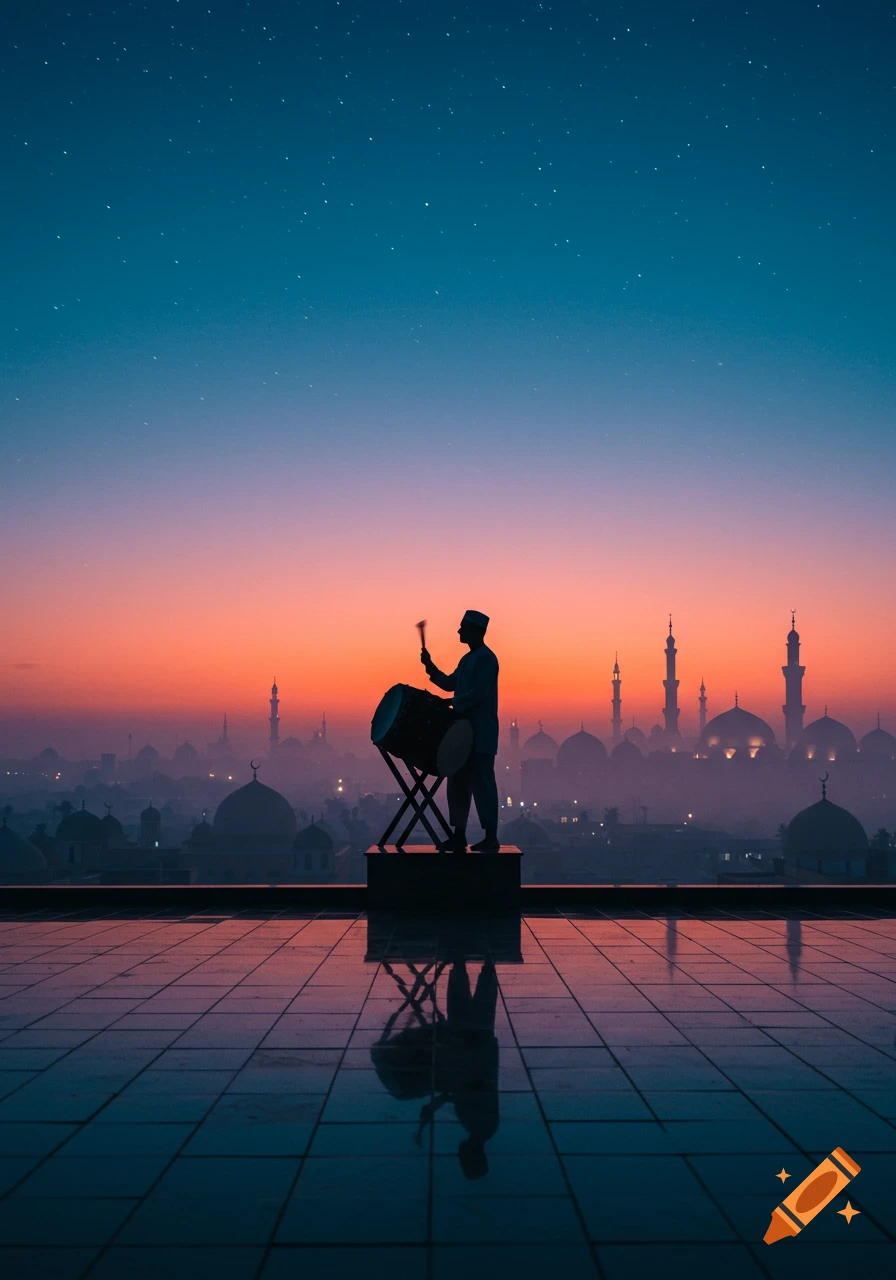 Silhouette of a person playing a drum on a rooftop overlooking a city with mosques at sunrise, under a starry orange and blue sky.