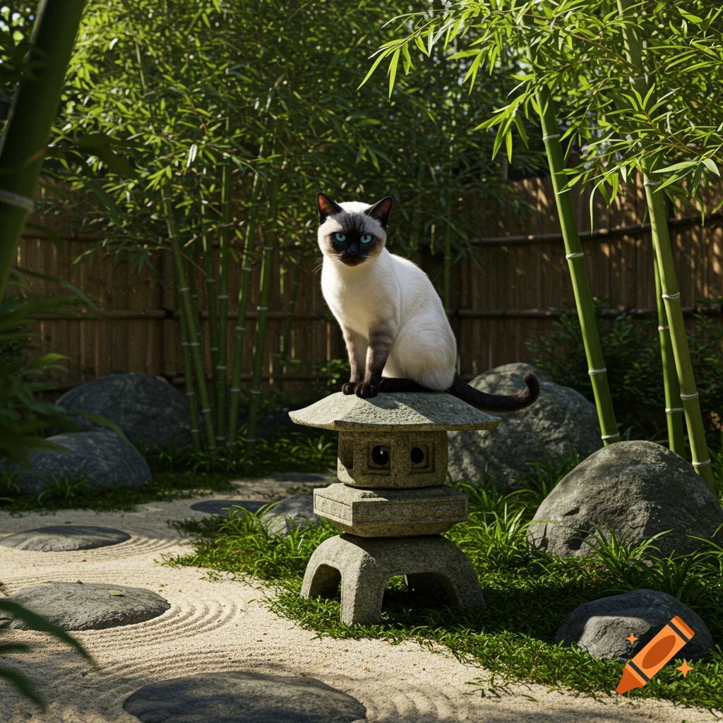 A Siamese cat with striking blue eyes sits atop a stone lantern in a tranquil Japanese garden, surrounded by bamboo and raked sand.