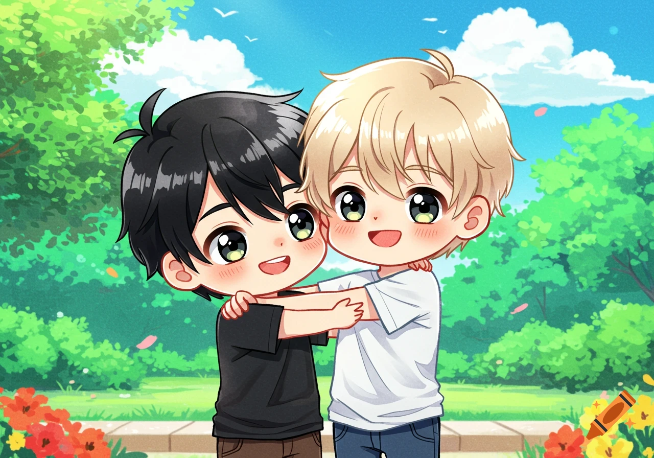 A cute chibi anime illustration of two boys hugging in a park. One has black hair, the other blonde.