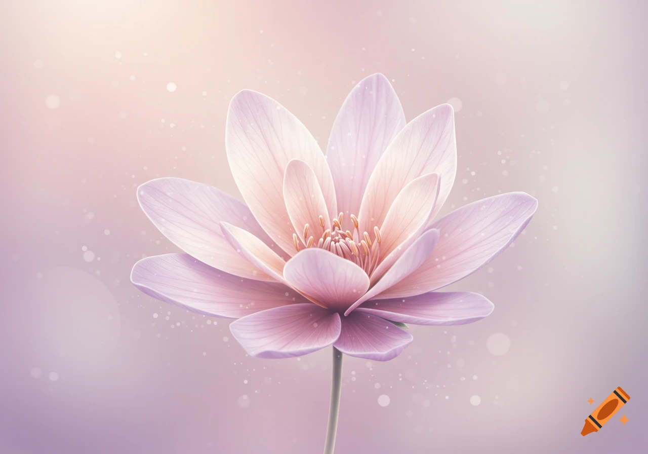 A delicate pink and purple lotus flower on a soft, blurred pastel background with sparkling light particles.