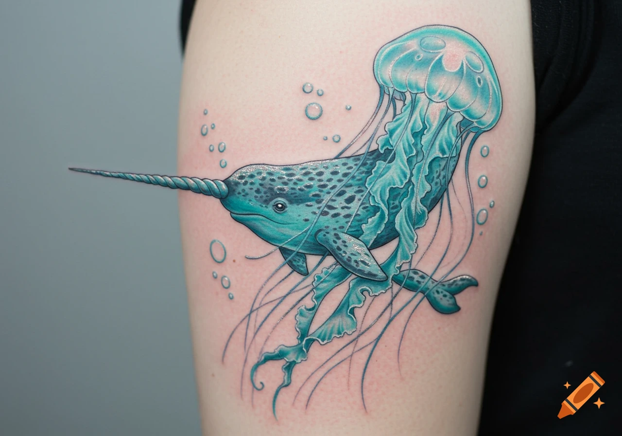 A vibrant blue-green tattoo on skin depicting a narwhal with jellyfish-like tentacles and fins, surrounded by small bubbles.