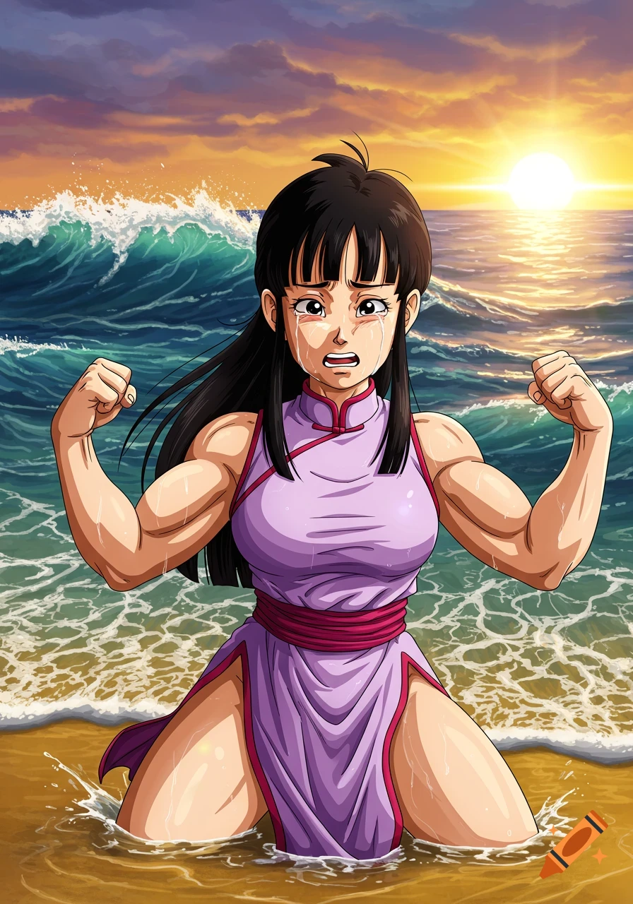 Anime style depiction of Chi-Chi from Dragon Ball Z with muscular arms, crying while kneeling in the ocean at sunset.