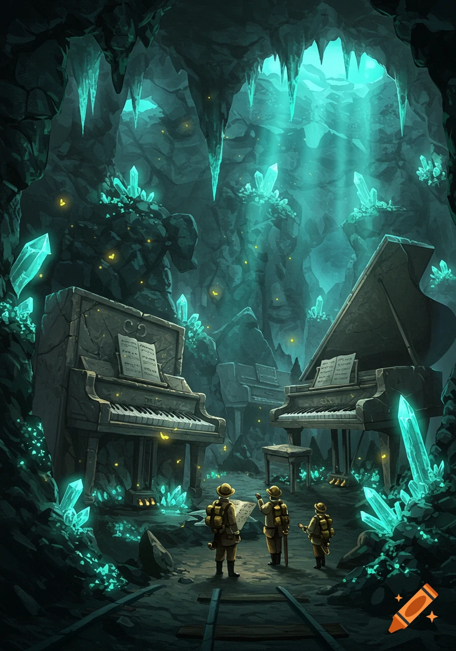 Three explorers stand before two ancient stone pianos and glowing turquoise crystals in a fantasy cave.