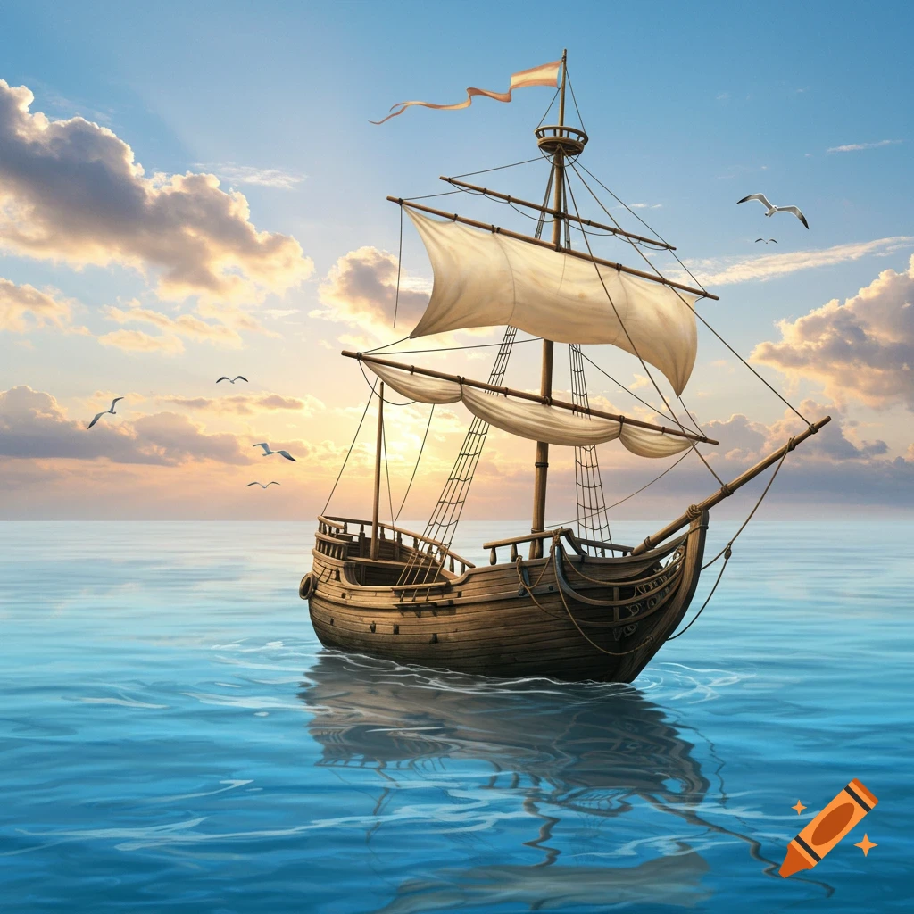 A traditional wooden sailing ship with unfurled sails floats on calm blue water under a sunset sky with scattered clouds.