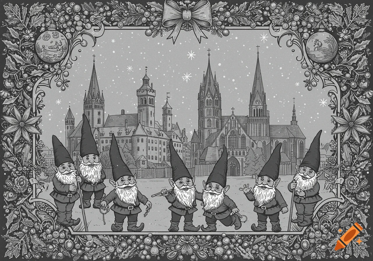 Black and white illustration of gnomes standing in front of a detailed city skyline, framed by festive Christmas holly and berries.
