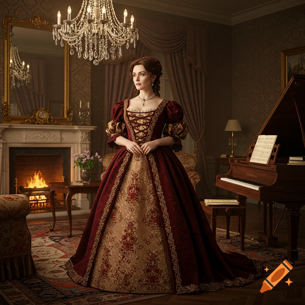 A woman in an elaborate red and gold Victorian dress stands in an opulent room with a fireplace and grand piano.