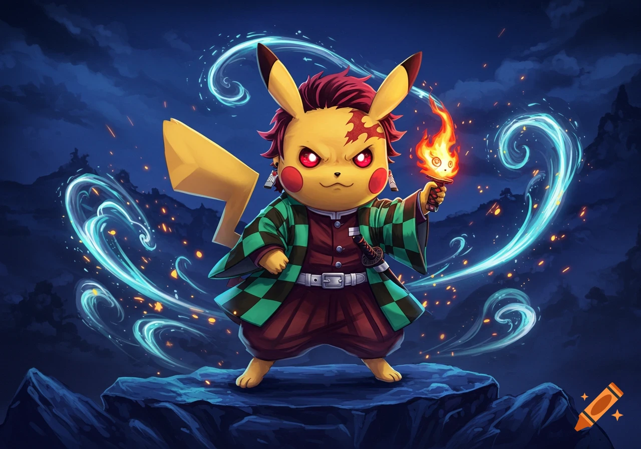 Pikachu dressed as Tanjiro with red eyes and a forehead mark, holding a small torch, on a dark rocky cliff with blue energy.