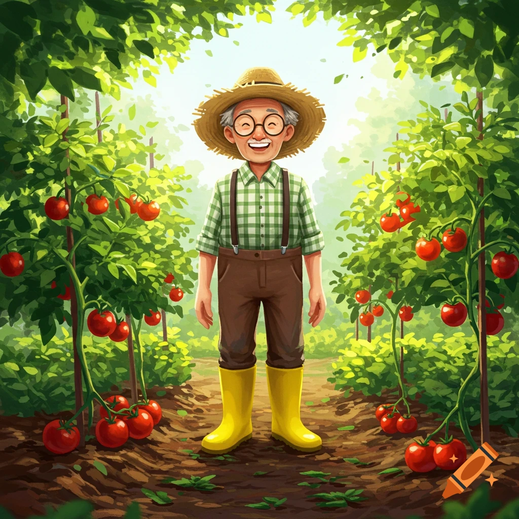 A friendly old man in a straw hat, glasses, plaid shirt, and yellow boots smiles in a vibrant green tomato garden.
