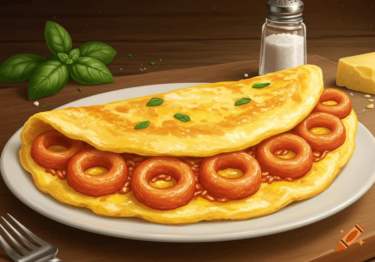 An illustrative image of a golden omelette filled with red ring-shaped pasta and sauce, garnished with basil, on a white plate on a wooden table.