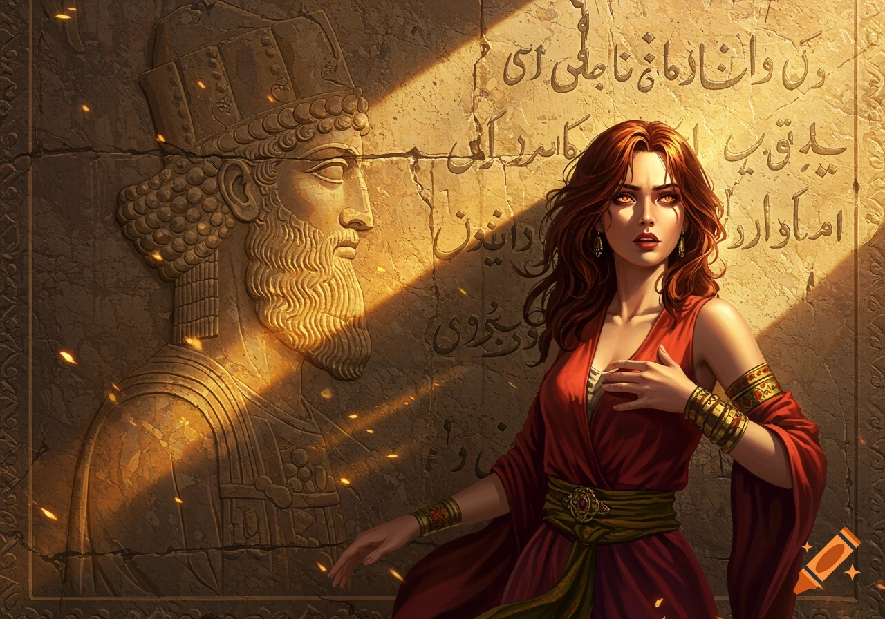 A woman with red hair in a red dress stands beside an ancient stone carving of a bearded man, with ancient script on the wall, in a fantasy art style.