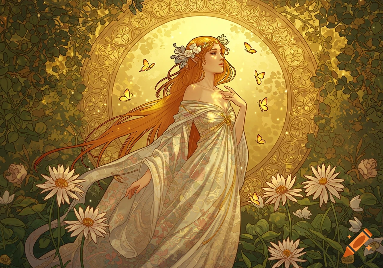 Art nouveau illustration of a woman with long red hair and a floral wreath, in a flowing dress, surrounded by butterflies and flowers against a golden, ornate background.