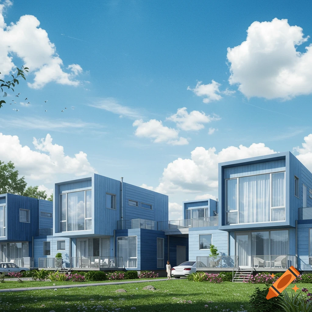 Photorealistic rendering of blue modular homes with large windows, surrounded by green lawns and flowered bushes under a blue sky with white clouds.