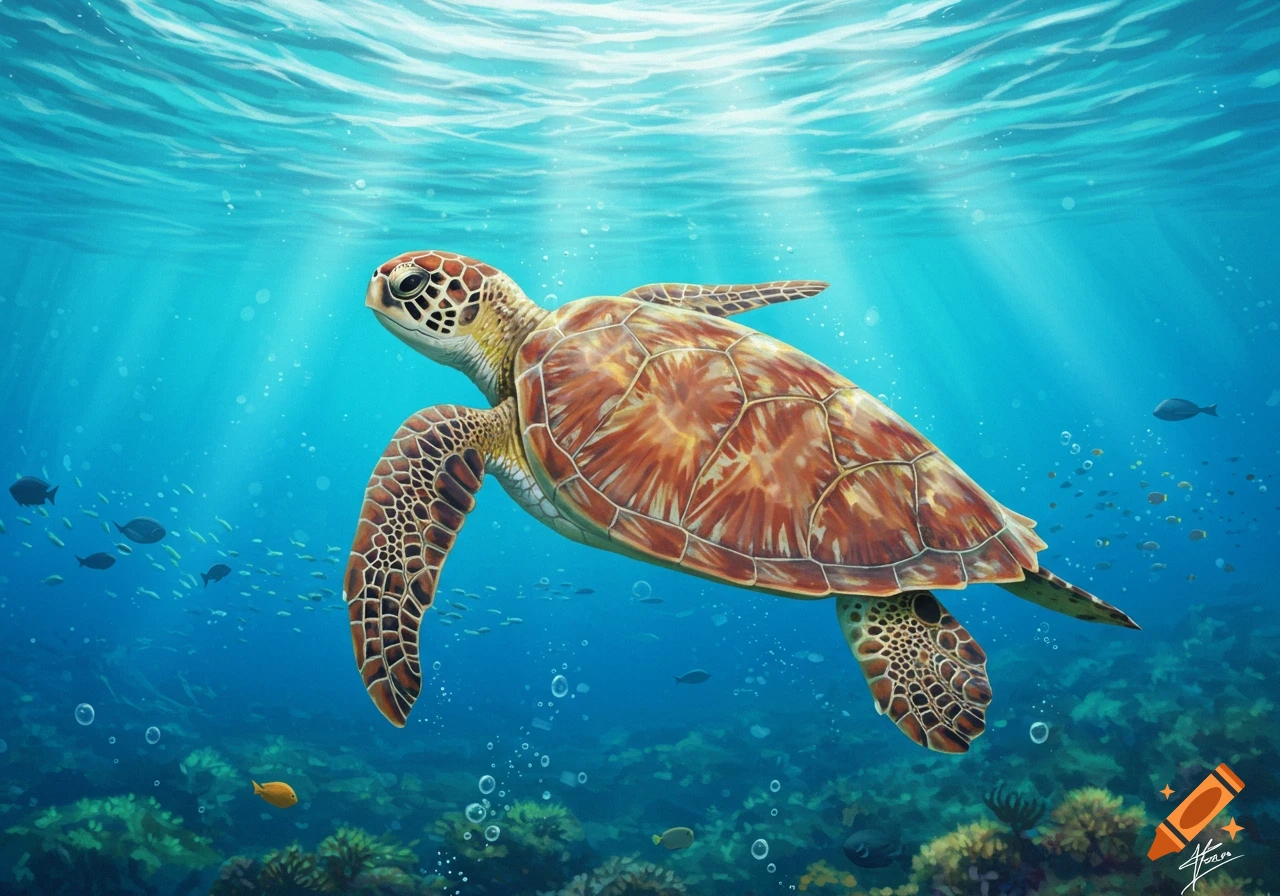 A sea turtle swims gracefully through clear blue ocean water, with sunlight dappling from above and coral reefs below.