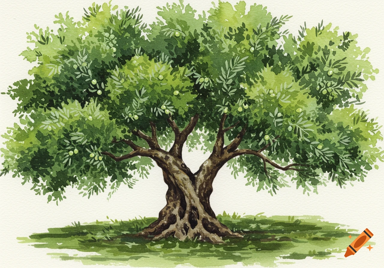 A lush olive tree with a gnarled trunk and green olives, painted in a vibrant watercolor style on a white background.