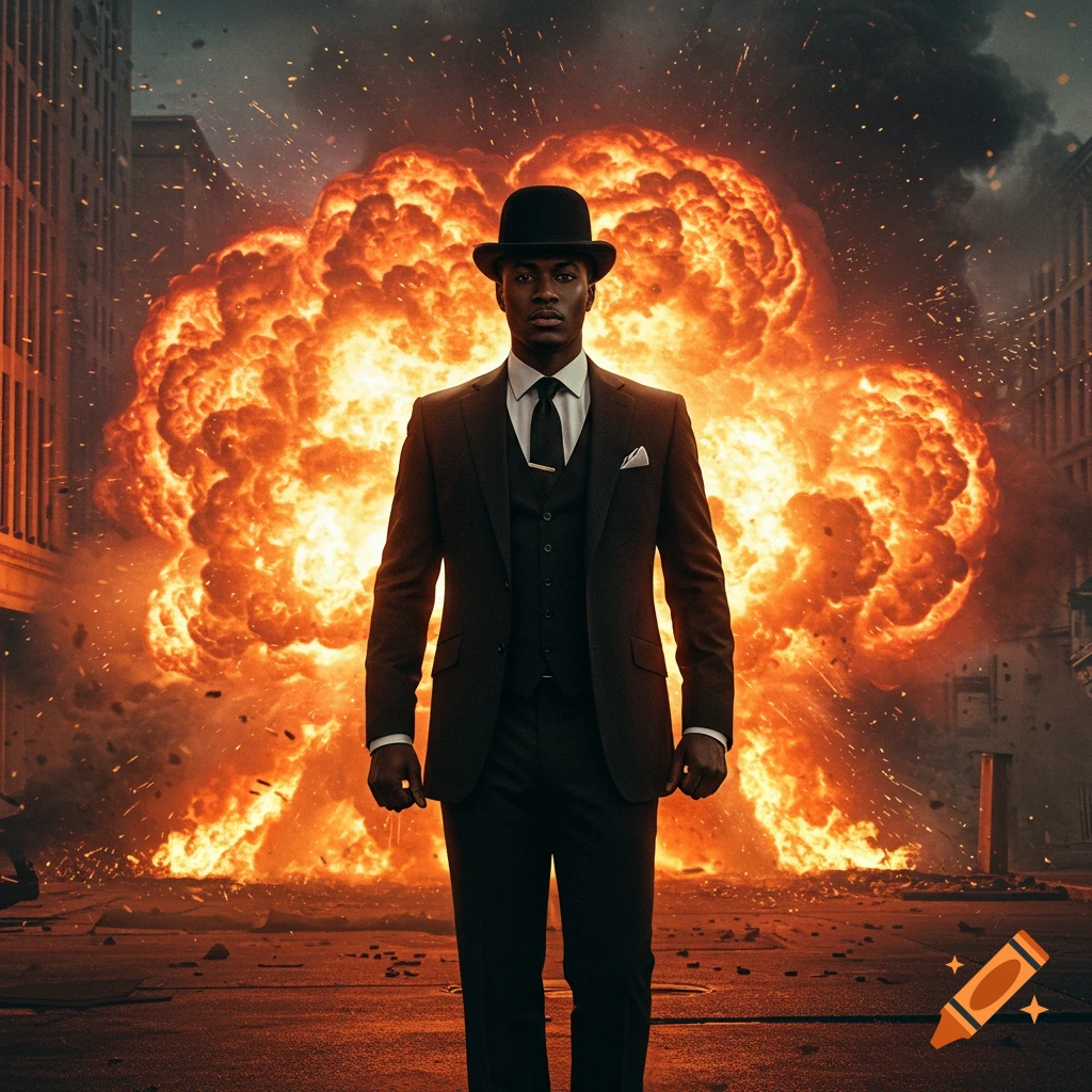 A man in a dark suit, tie, and bowler hat stands in a city street, looking at the viewer as a large orange explosion erupts behind him.