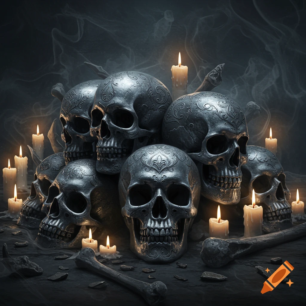 A pile of ornate silver skulls and bones with lit candles in a dark, smoky setting.