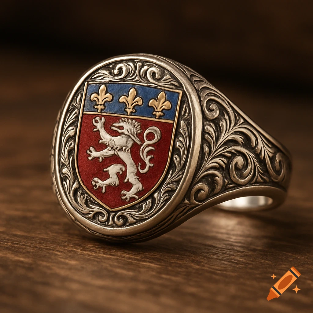 A detailed silver signet ring featuring a coat of arms with a white lion rampant on a red shield and three gold fleurs-de-lis on a blue chief.