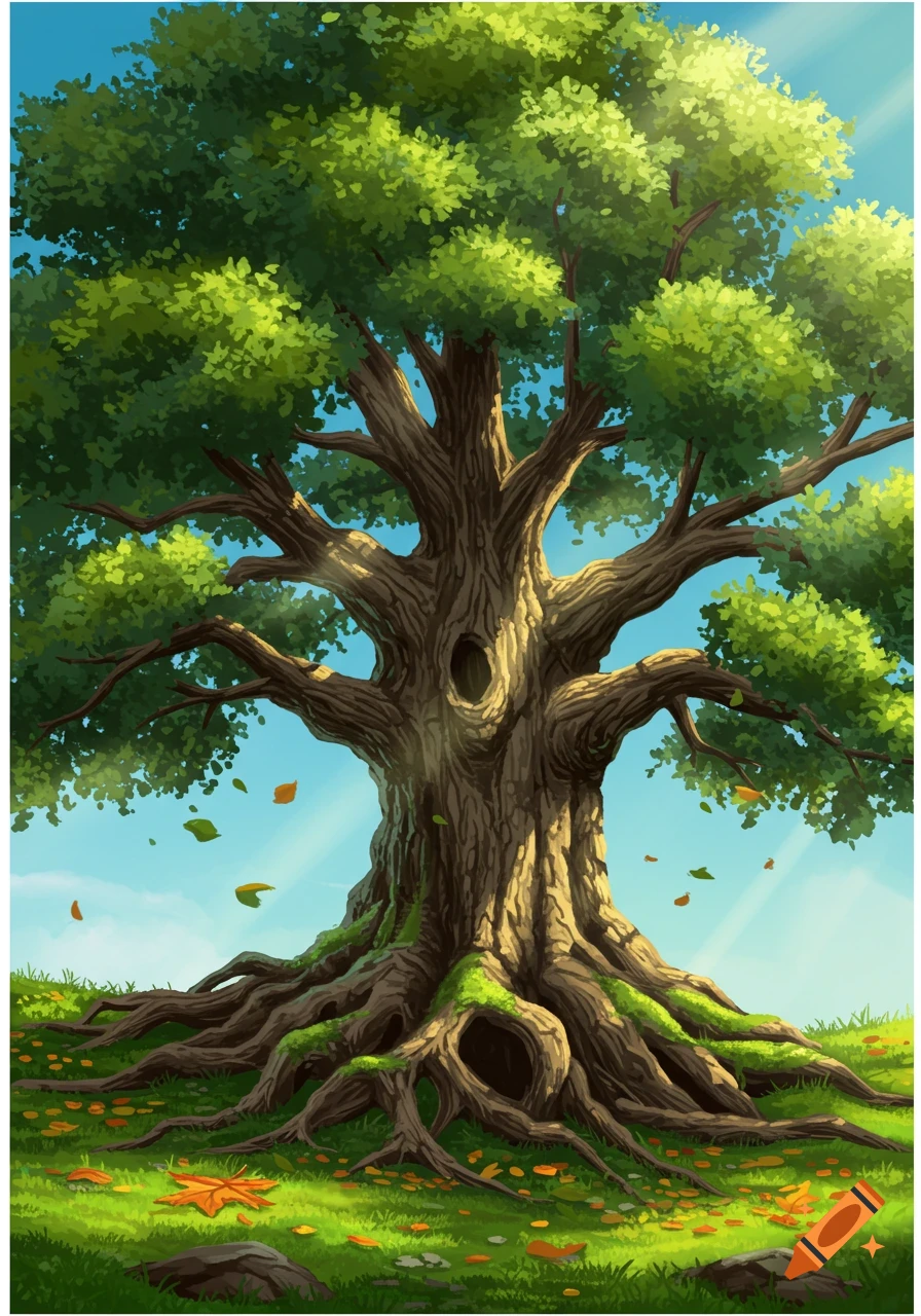 A vibrant cartoon illustration of a large, gnarled tree with exposed roots and green leaves, surrounded by grassy ground and fallen orange leaves under a bright blue sky.