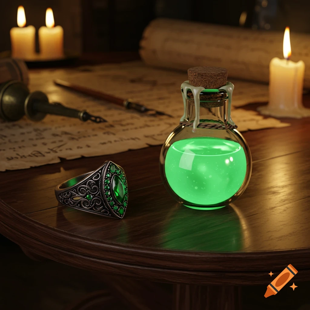 An ornate silver ring with green gems and a glowing green potion bottle sit on a dark wooden table, lit by candlelight.