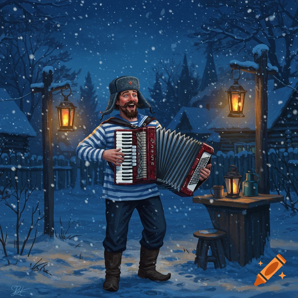 A cheerful man in a ushanka hat and striped shirt plays an accordion in a snowy village at night, with glowing lanterns, in a caricature style.