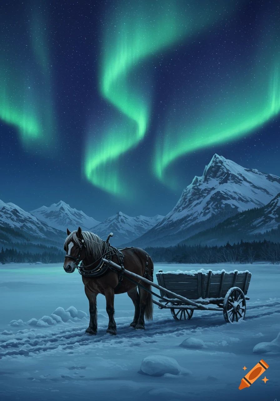 A brown horse harnessed to a wooden wagon stands in a snowy mountain landscape under a vibrant green aurora borealis.