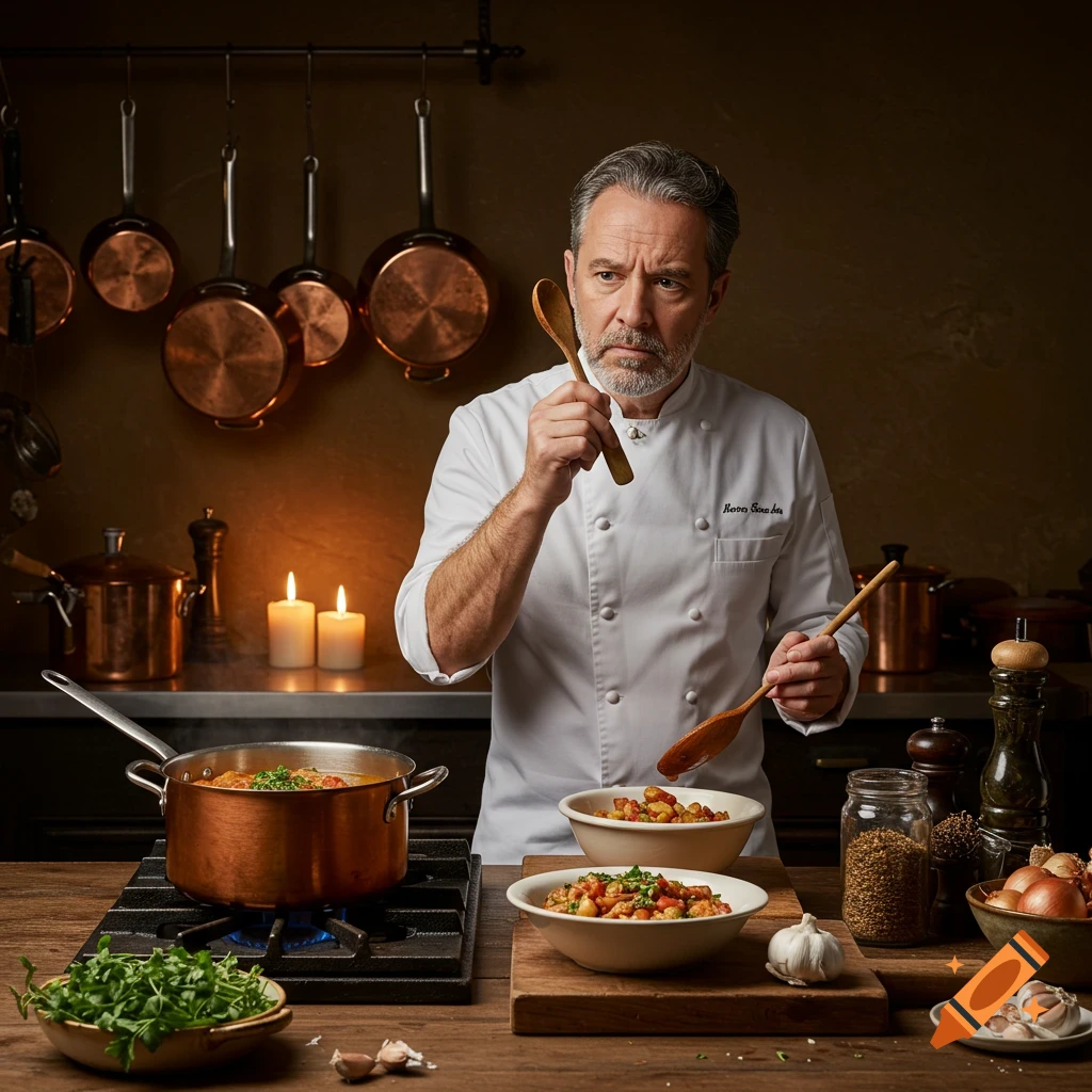 A male chef with a thoughtful expression tastes food from a wooden spoon while cooking in a rustic kitchen.