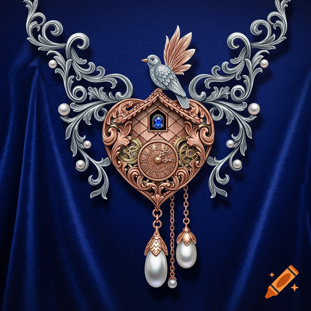 Ornate heart-shaped cuckoo clock jewelry with a bird, silver filigree, pearls, and copper gears on blue velvet.