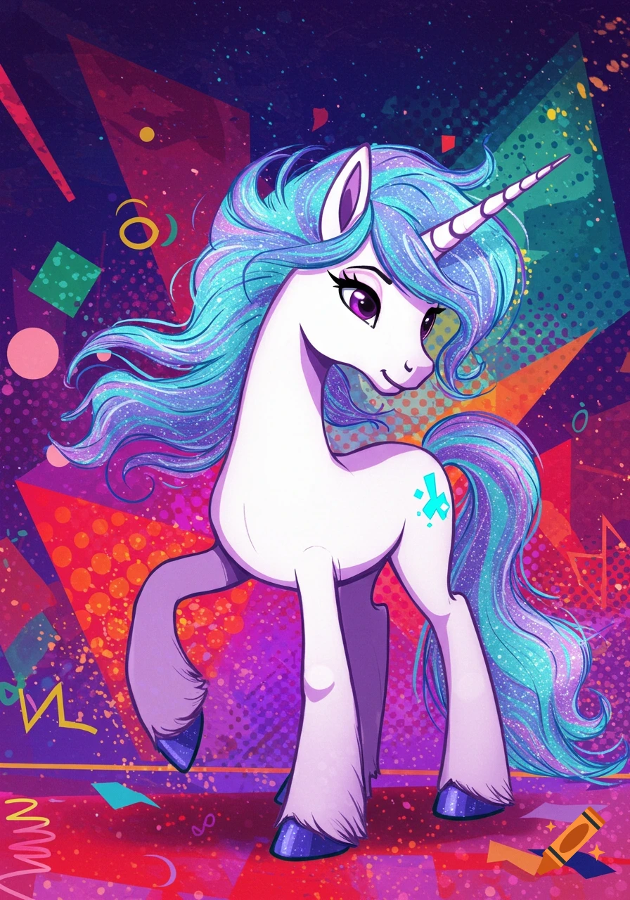 A white unicorn with a sparkling blue and purple mane and tail stands against a vibrant, abstract background with geometric shapes in a pop art style.