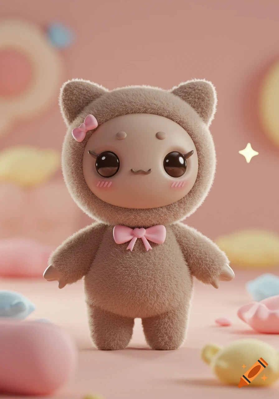 A cute taupe fuzzy 3D rendered creature with large shiny eyes, rosy cheeks, and pink bows stands on a pink surface with soft pastel shapes.
