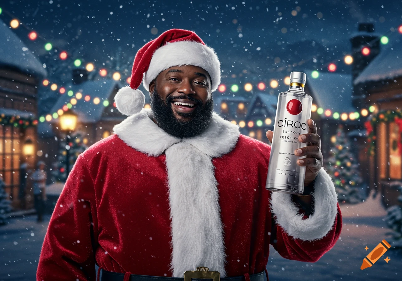 Photorealistic image of a smiling Black Santa Claus holding a Ciroc bottle in a snowy, festive town scene.