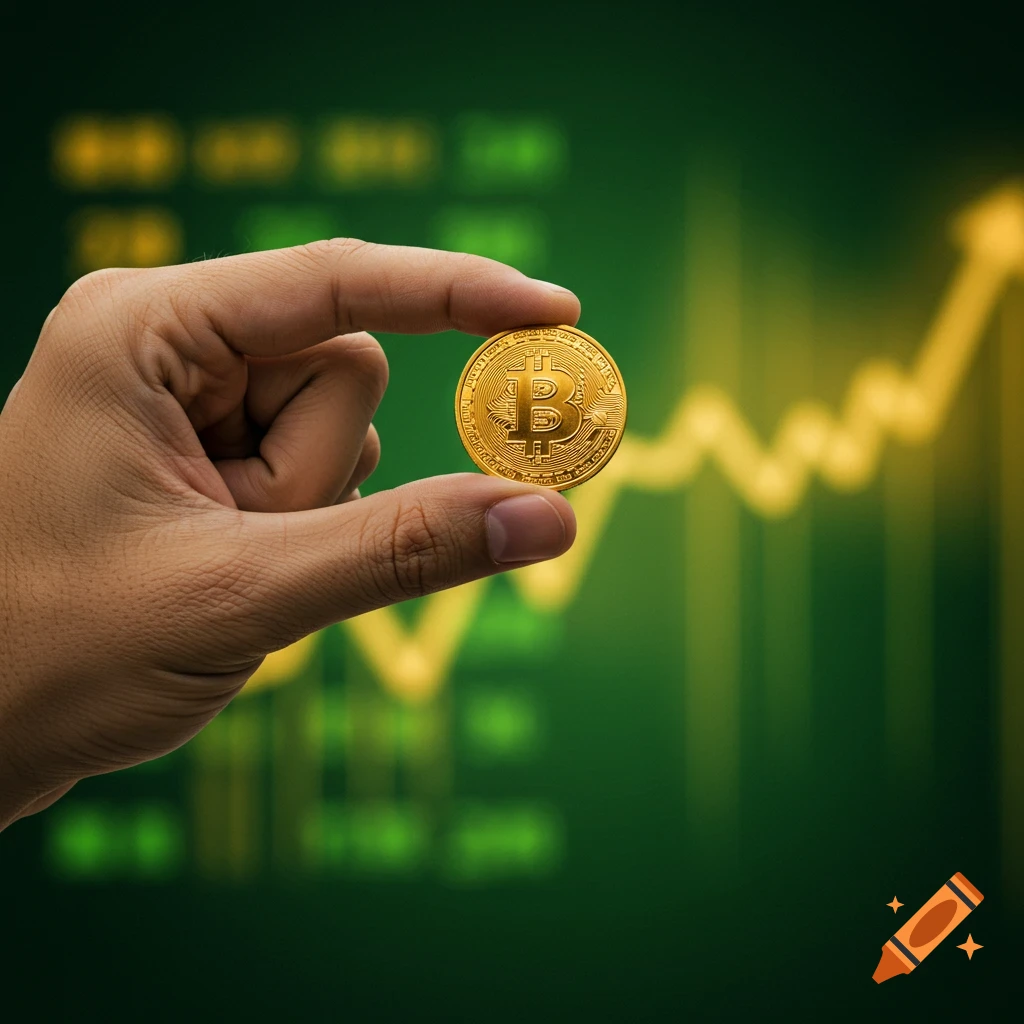 A hand holds a golden Bitcoin coin against a blurred green background with an upward-trending financial graph.