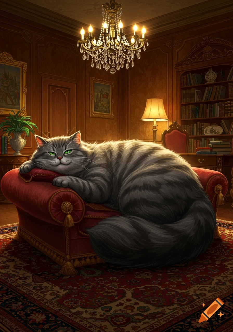 A large, fluffy grey tabby cat with green eyes lounging on a red velvet armchair in a lavish, wood-paneled room with a chandelier.