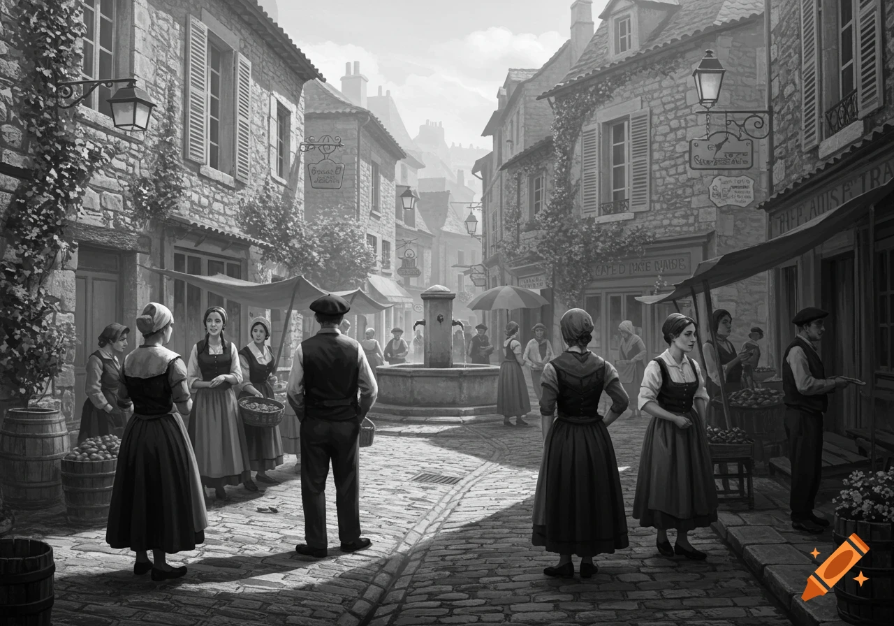 A detailed black and white illustration of a bustling French village street with people, shops, a fountain, and cobblestone.