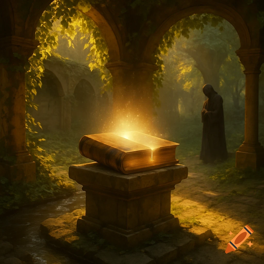 A glowing ancient book rests on a stone pedestal in overgrown, sunlit ruins, with a robed figure in the misty background.