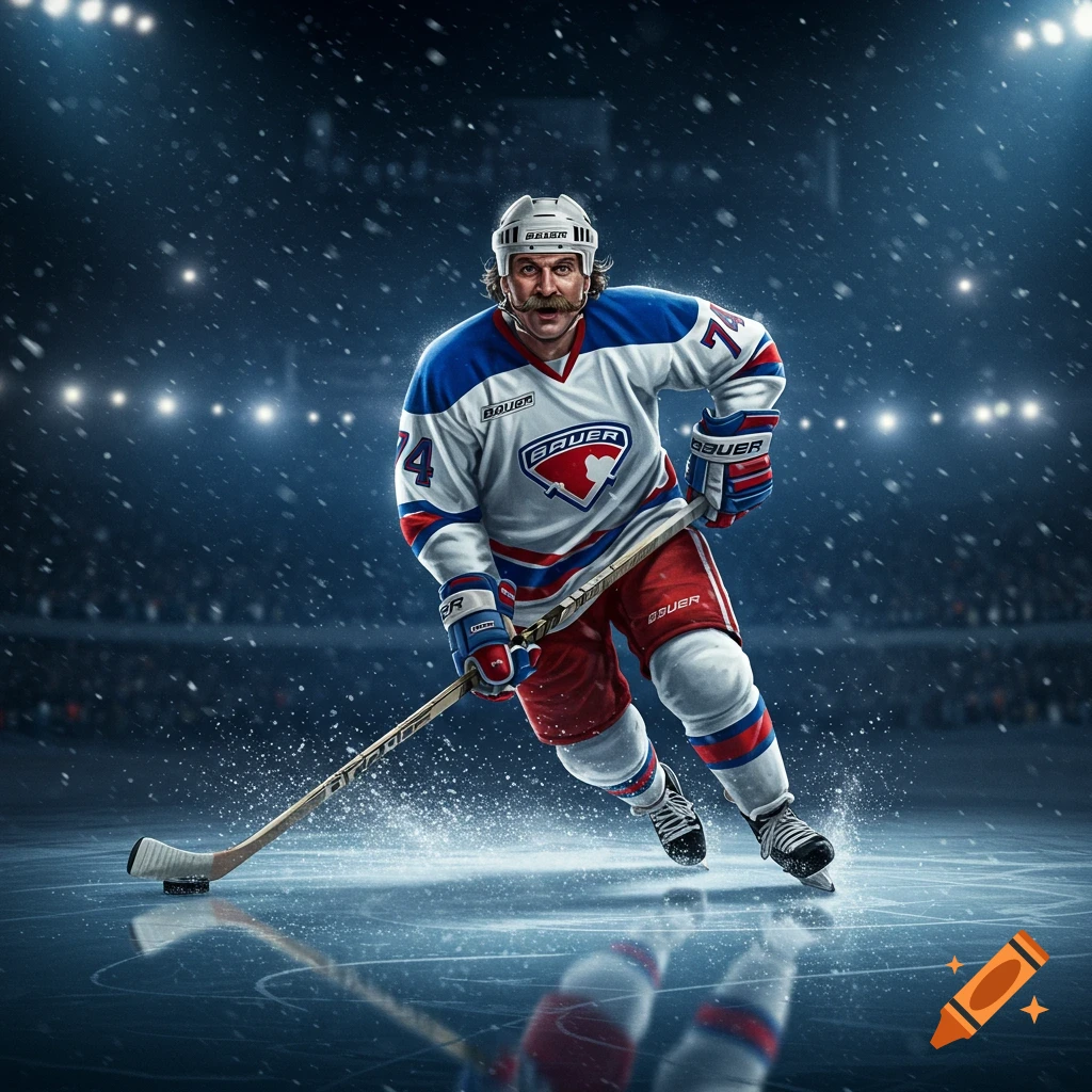 Dynamic image of a male ice hockey player with a mustache, wearing a white, red, and blue '74 BAUER' jersey, skating on ice.