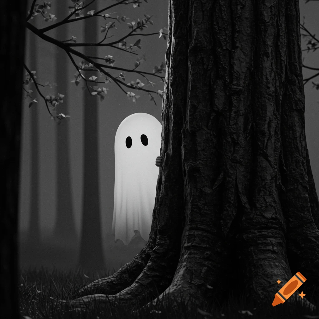 A simple, glowing white ghost with black eyes peeks from behind a dark tree in a shadowy forest.