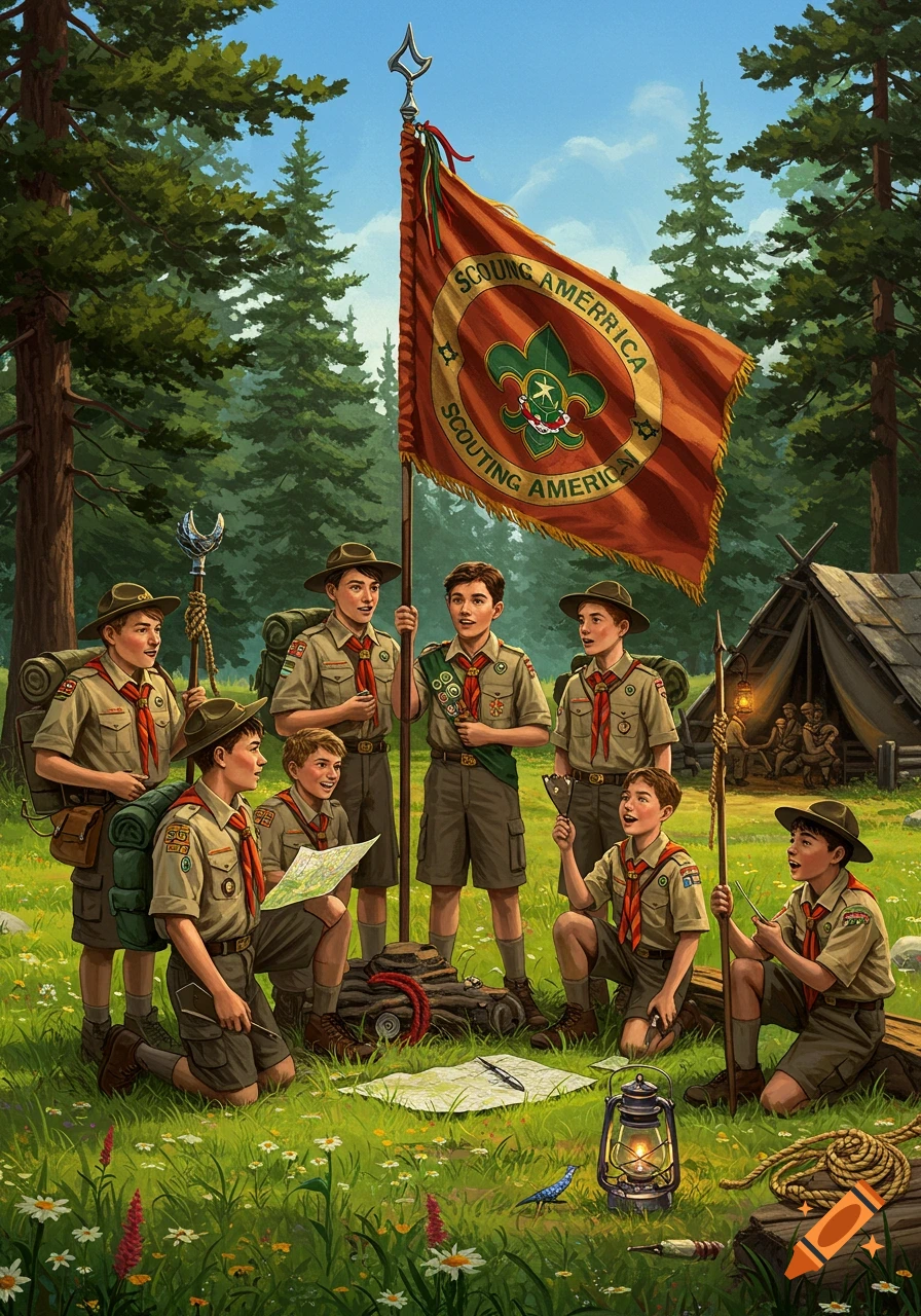 Group of young boy scouts in uniform gathered in a forest clearing around a map and a large flag, with a tent in the background.