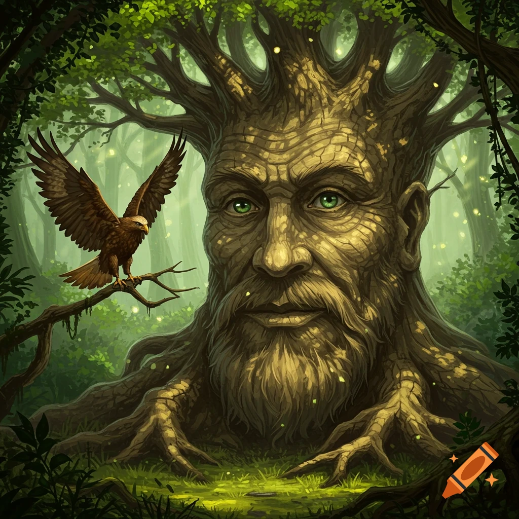 A wise-looking tree with a human face and green eyes oversees a magical ...