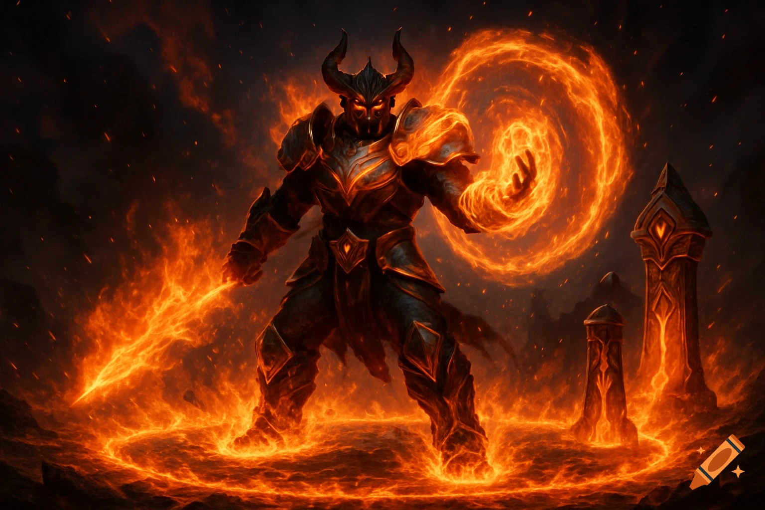 A horned, armored demon wreathed in fire wields a fiery sword and casts a spell in a dark, ominous landscape.