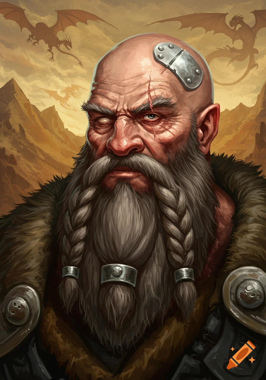 A grizzled dwarven warrior with a grey braided beard, scarred face, a blind eye, and a metal plate on his bald head. Dragons fly in the background, in an oil painting style.