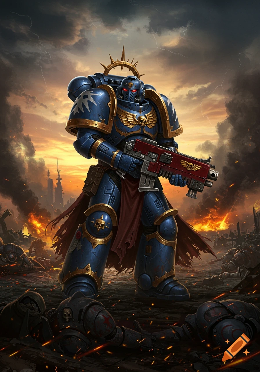 A heavily armored space marine with glowing red eyes stands on a battlefield with fallen foes and burning ruins under a stormy orange sky, holding a futuristic rifle.