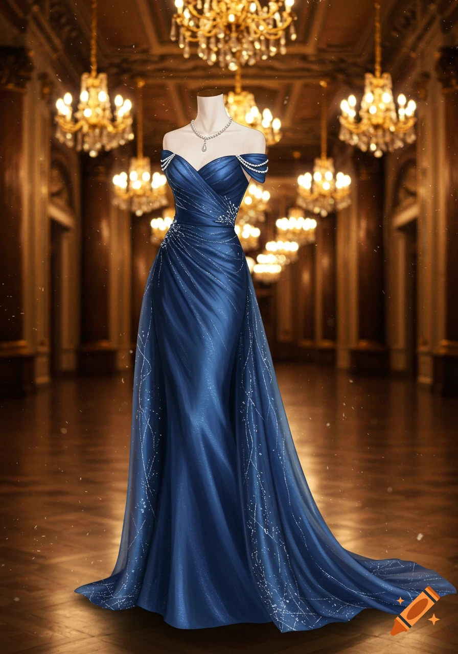 A blue off-the-shoulder evening gown with a long train and sparkling details on a mannequin in a grand ballroom with chandeliers.