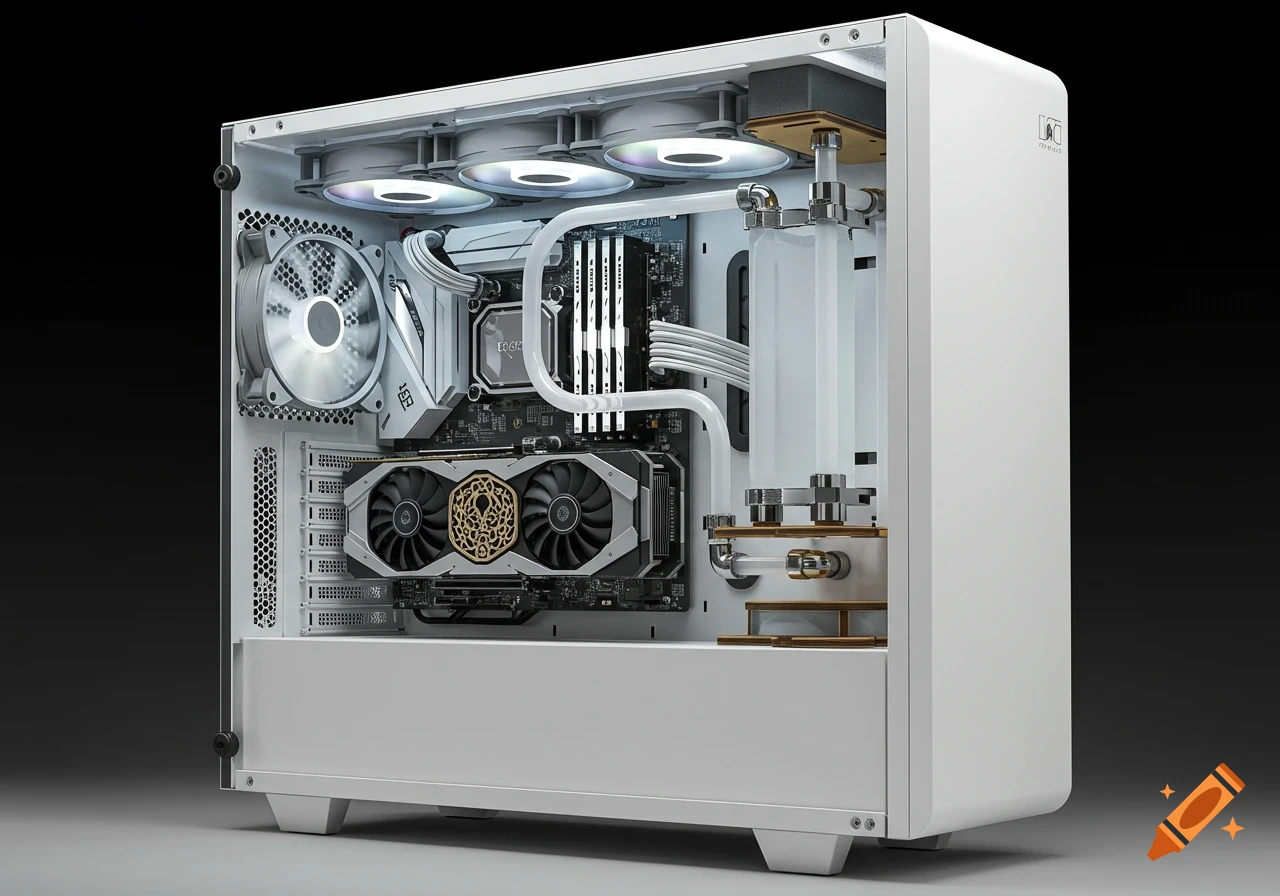 A photorealistic, highly detailed view inside a white PC case with custom liquid cooling and a vertically mounted GPU.