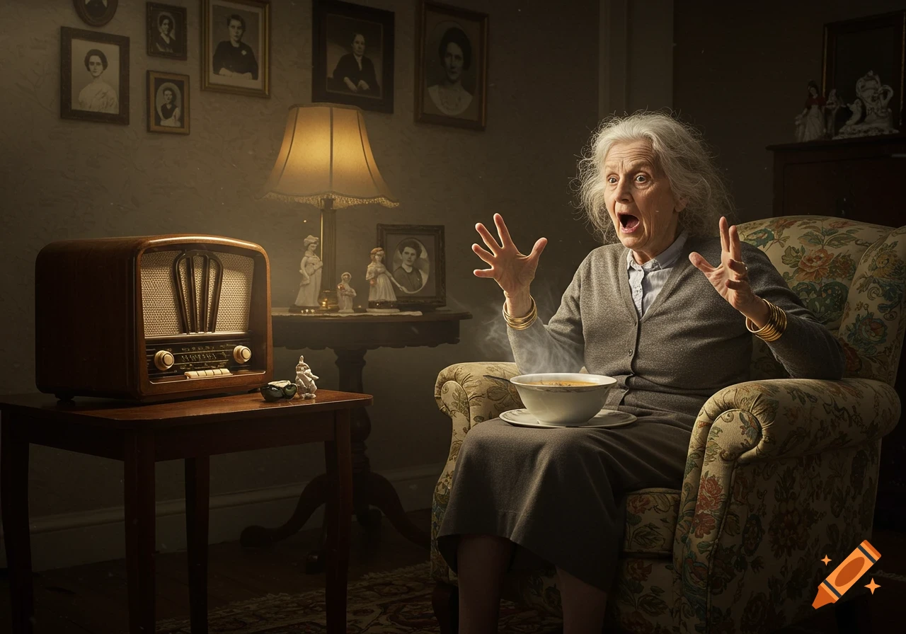 An elderly woman with white hair sits in an armchair, reacting in shock with wide eyes and raised hands, a steaming bowl of soup on her lap. An old radio is on a table nearby, with framed portraits on the wall behind her.