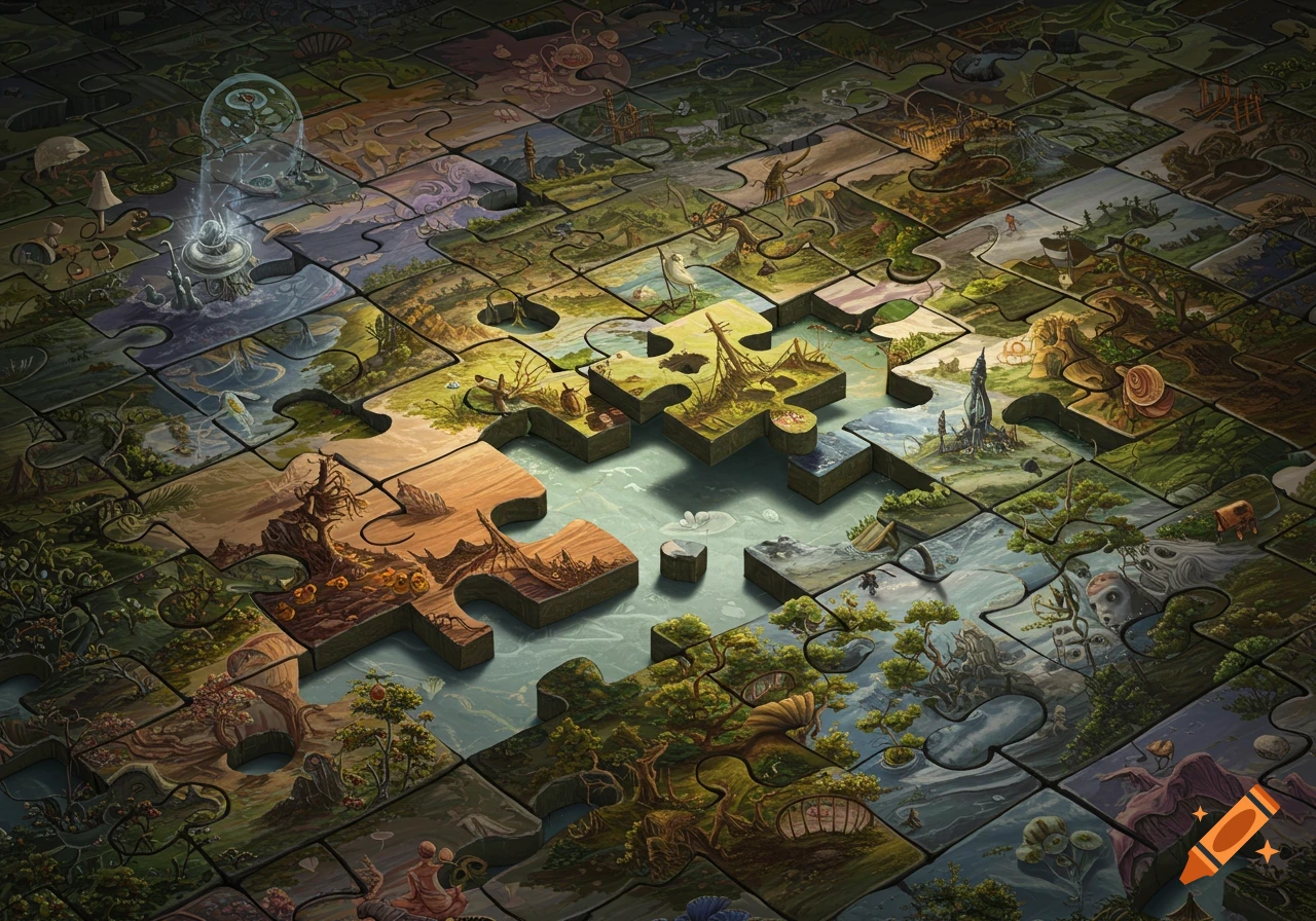 An intricate isometric view of a partially assembled jigsaw puzzle with fantastical landscape scenes on each piece, some floating above water.