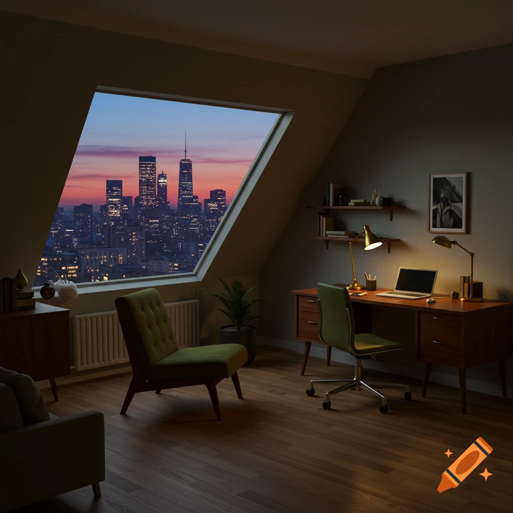 A modern attic home office with a green chair and wooden desk, overlooking a city skyline at sunset through a large window.