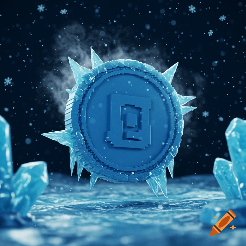 A vibrant blue pixelated coin with sharp ice spikes, surrounded by falling snowflakes and ice crystals on a frosty surface.