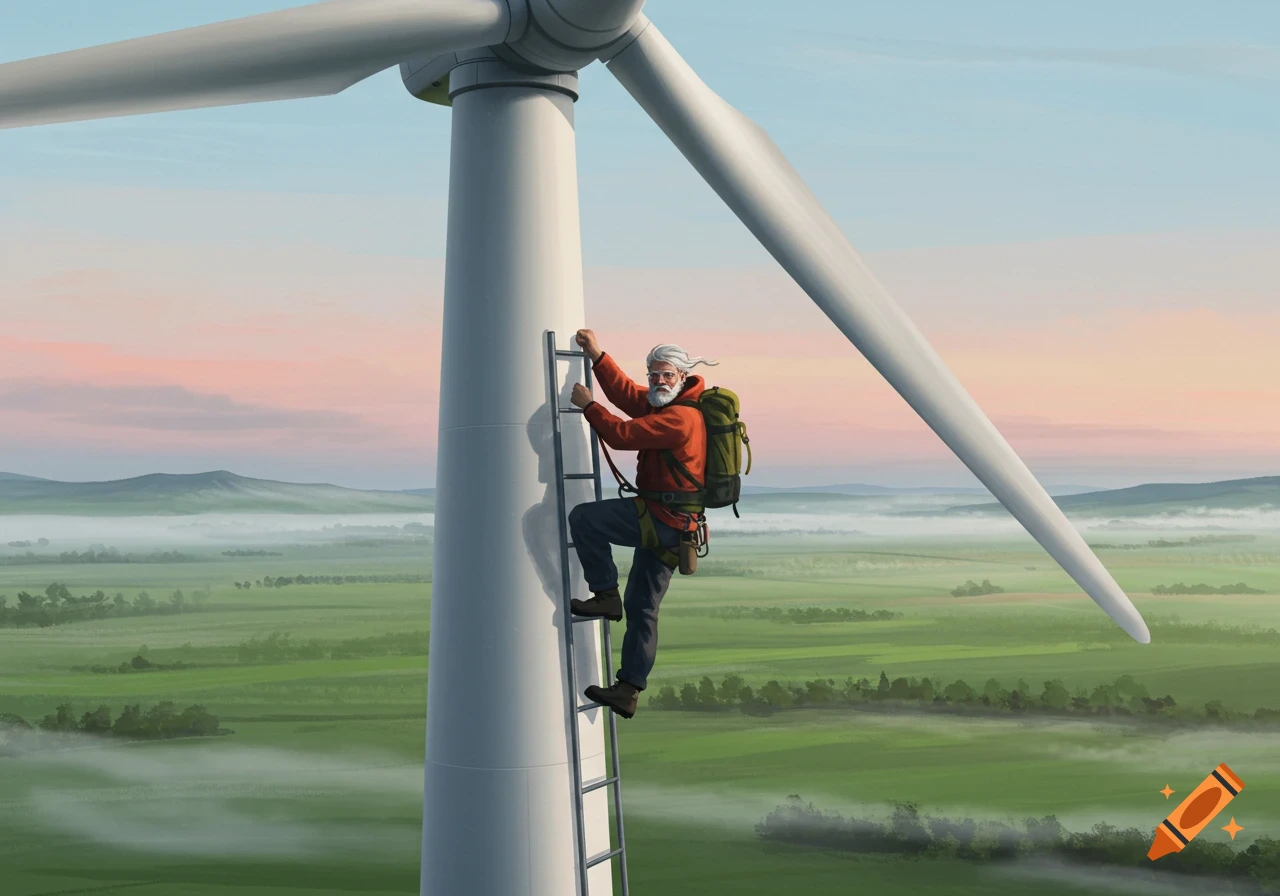 An old man with a beard and backpack climbs a ladder on a white wind turbine, overlooking a misty green landscape at sunset, illustration.