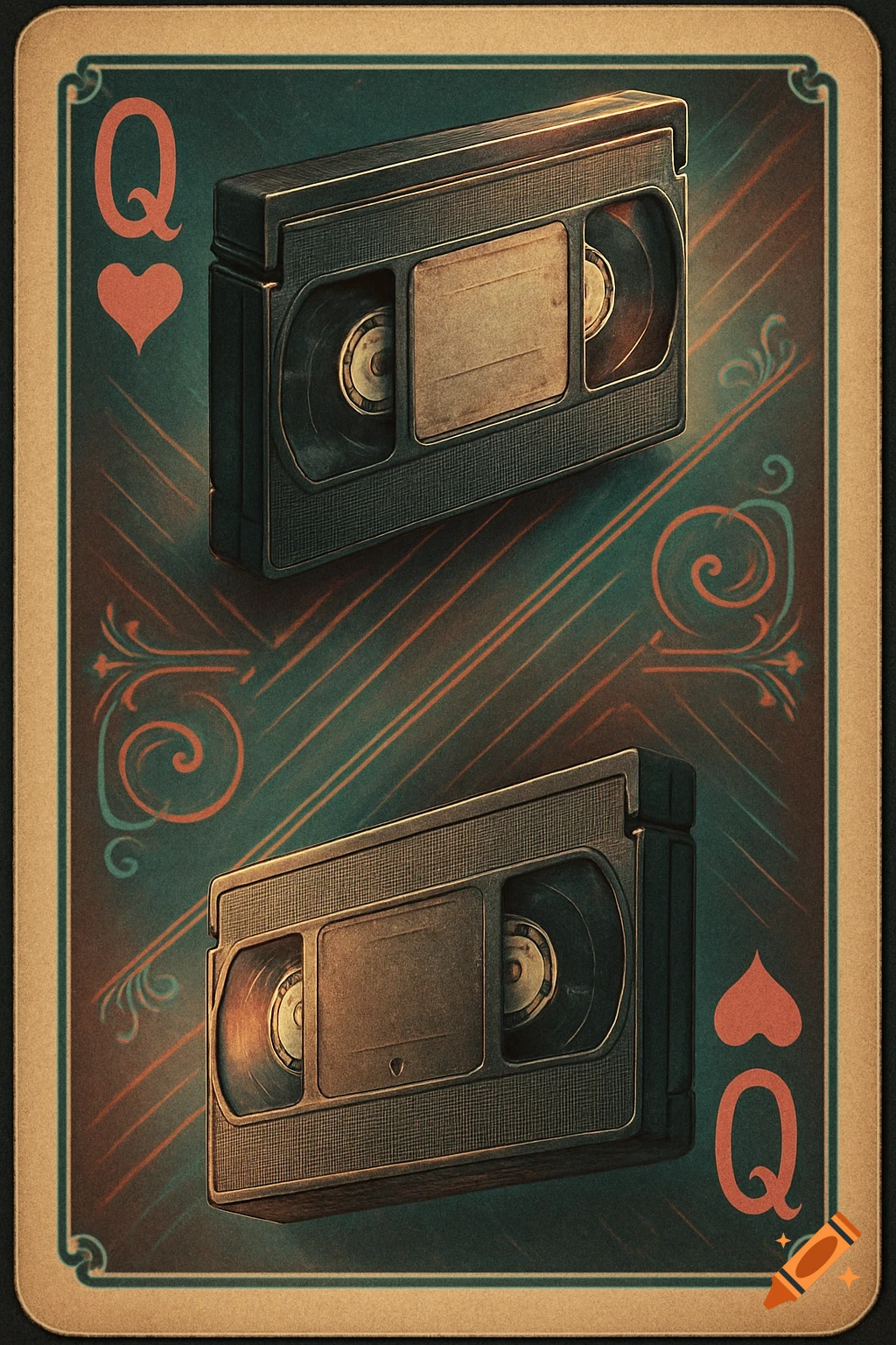 A vintage-style Queen of Hearts playing card with two VHS tapes symmetrically arranged on a diagonal instead of a queen figure.