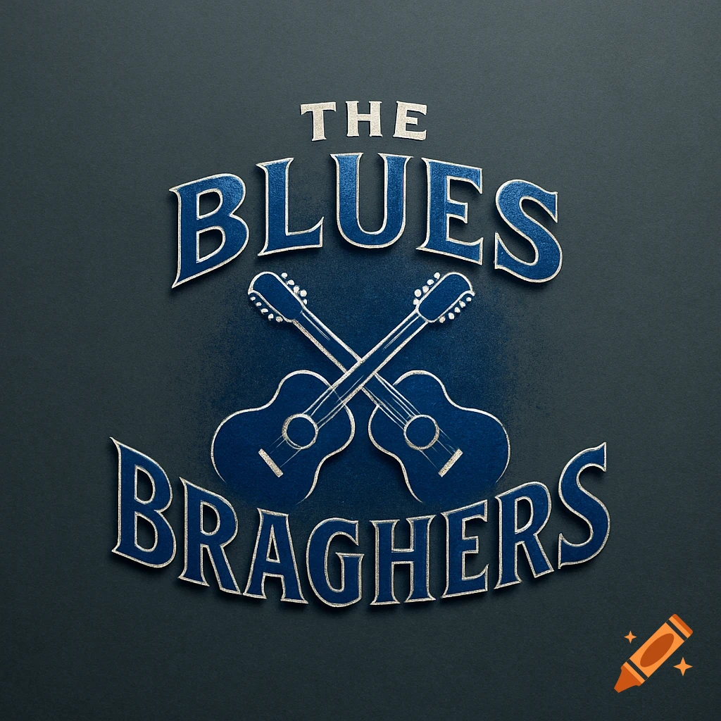 A blue and silver logo with 'THE BLUES BRAGHERS' text and two crossed guitars on a dark background.